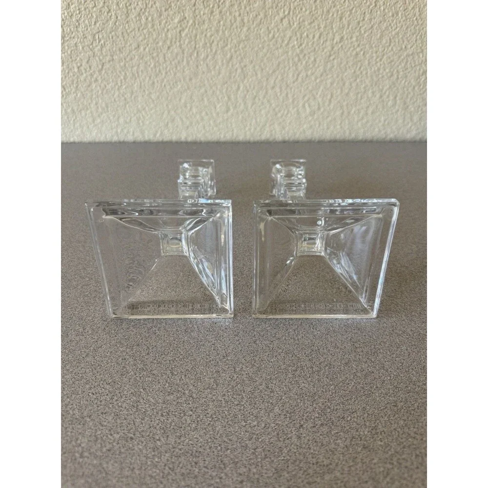 Pair Clear Glass Candlestick Holders 8” Tall Square Base Geometric Design